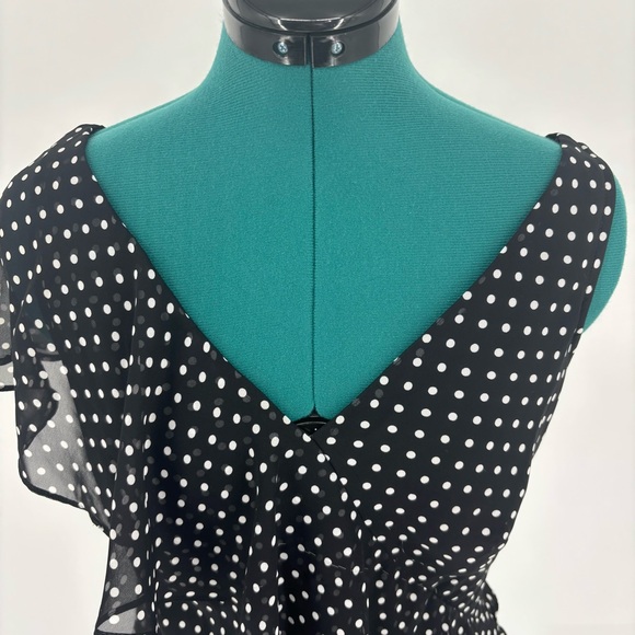 Chaps Black with White Polka Dots Asymmetrical Ruffled Lined Flutter Dress, 8 - Picture 3 of 17
